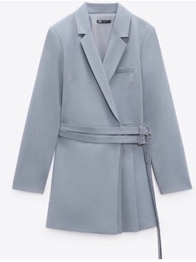 Zara Blue-Gray Double-Belted Blazer Dress